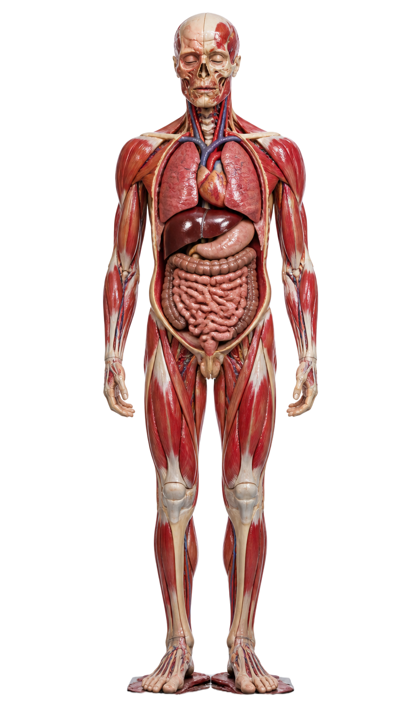 Realistic human anatomy model showing heart, lungs, liver, kidneys and intestines
